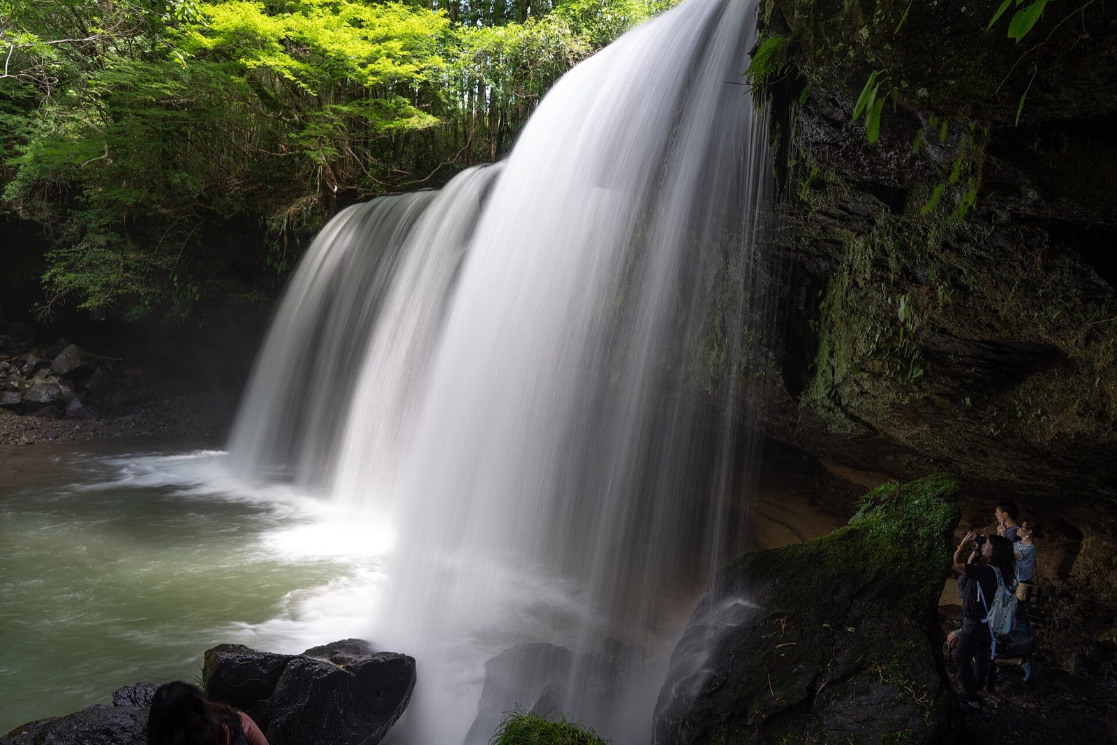 緑に囲まれた鍋ヶ滝の水のカーテン