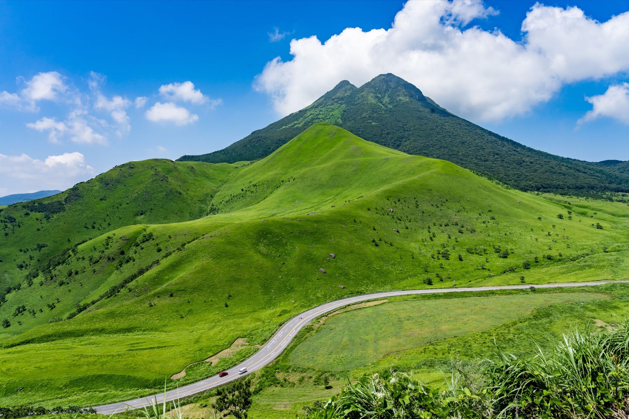 青空の下に広がる緑の由布岳と山麓の道路