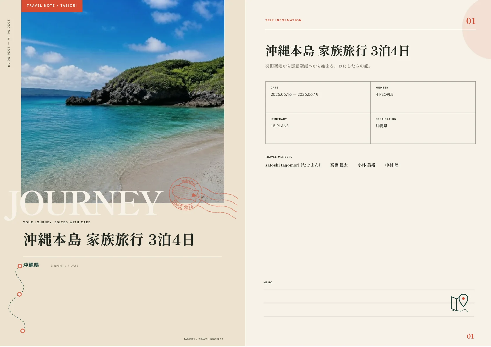 EDITORIALデザインで印刷した旅のしおりの1ページ目